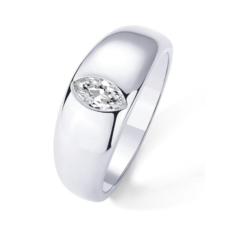 14K Gold Plated Chunky Dome Statement Marquise CZ Ring In White Gold
